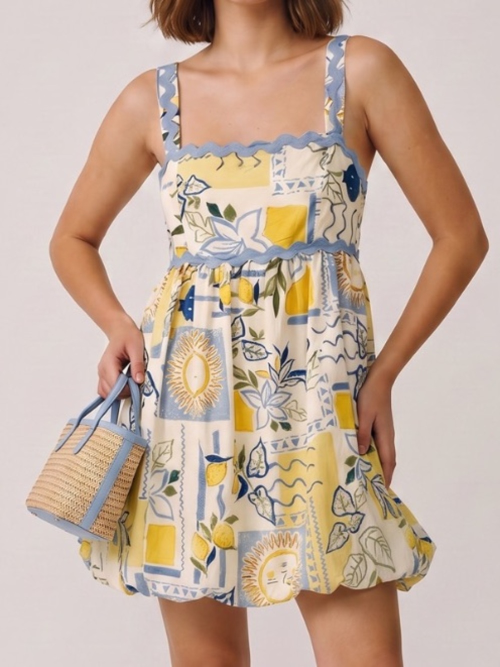 Sun Lemon Print Rick-Rack Scalloped Balloon Dress  coastal vacation resortwear